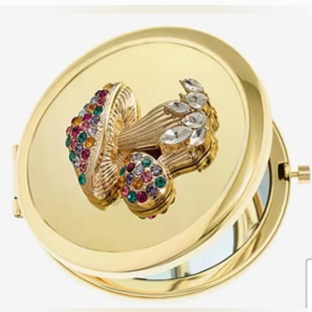 MONET Gift Boxed Crystal Mushroom Gold Tone Compact Mirror